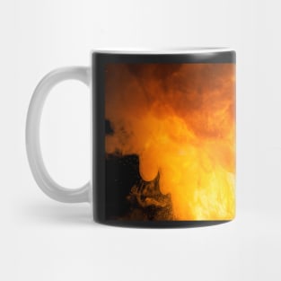 Realistic fiery explosion, orange color with sparks on a black background Mug